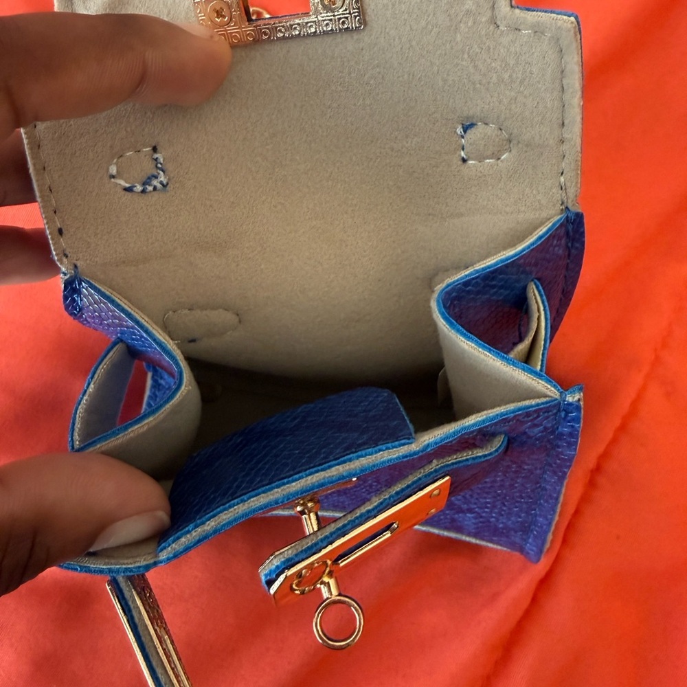 Blue Textured Mini Bag with Gold Accents